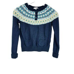 Jacadi Paris Kids Girls Knitted Henley Sweater Fair Isle Wool Blend Navy 8A/Y